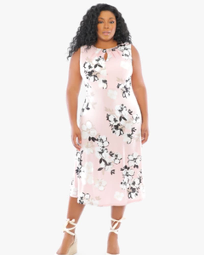 Front of a model wearing a size 14W Samantha Midi Dress in BLUSH/IVY by London Times. | dia_product_style_image_id:268580